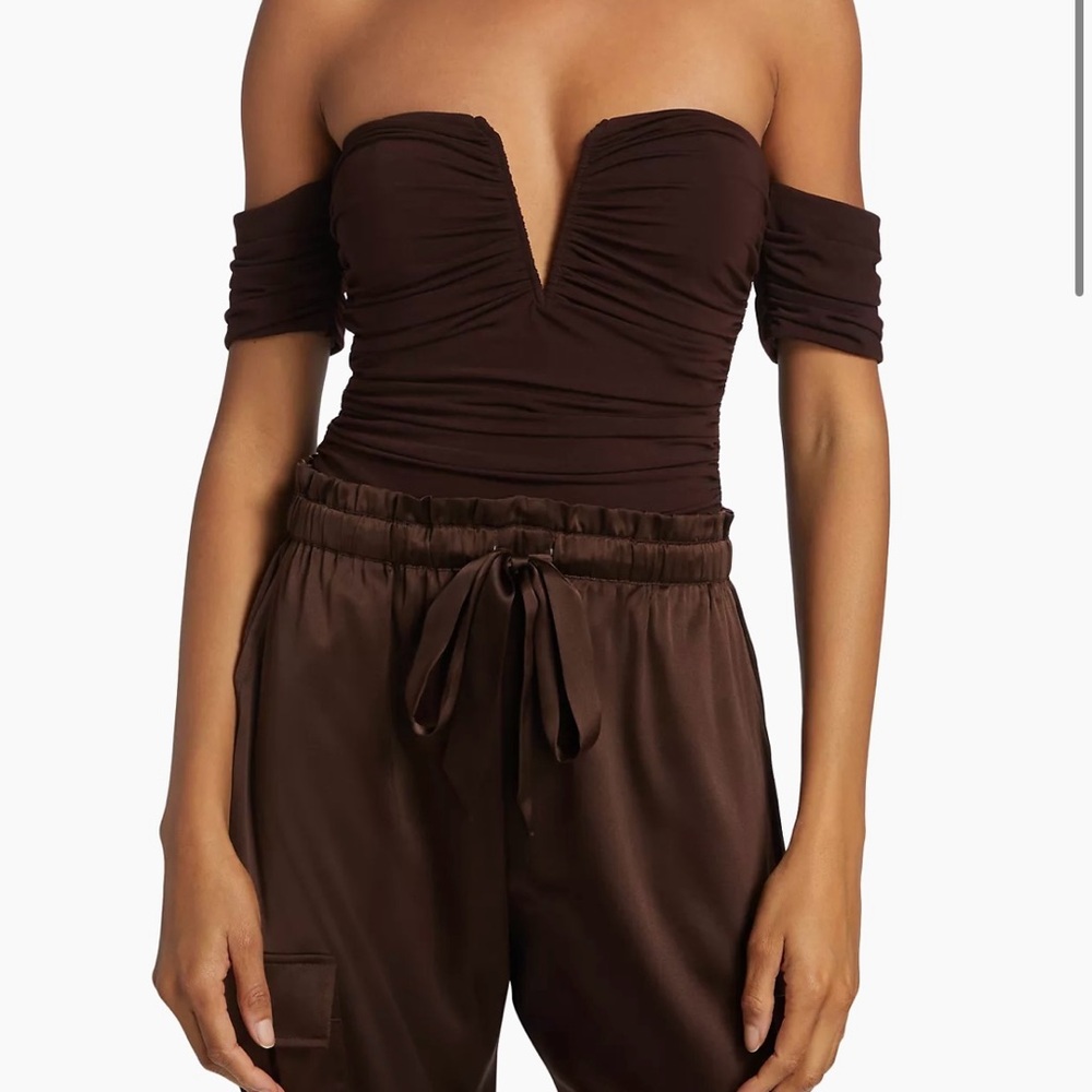 Cami NYC Louis Off-The-Shoulder Ruched Bodysuit - brown - large